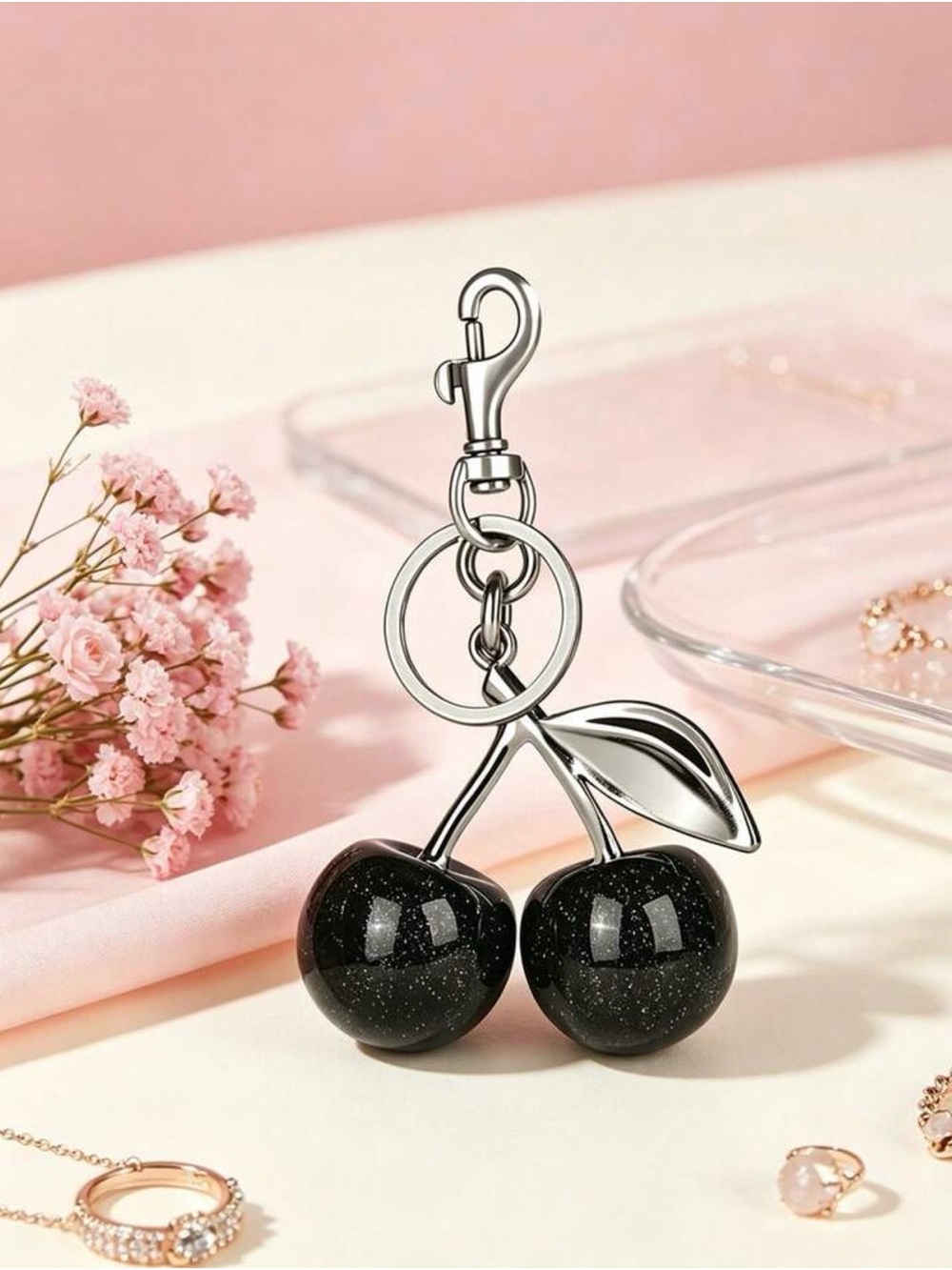 NIP Black Glitter Cherry Keychain Bag Charm Purse Accessory